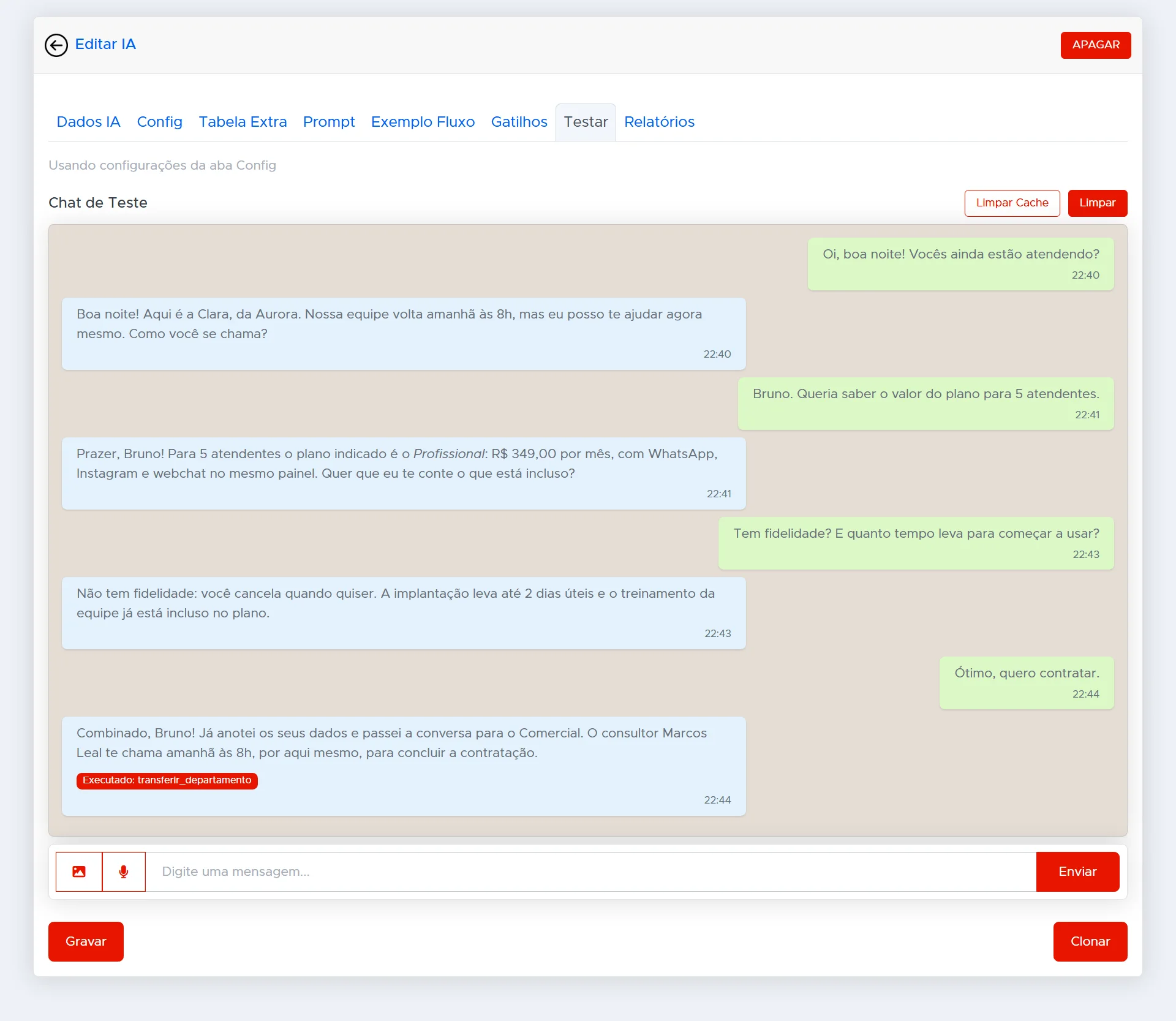 Conversa em que a IA atende um cliente fora do horário