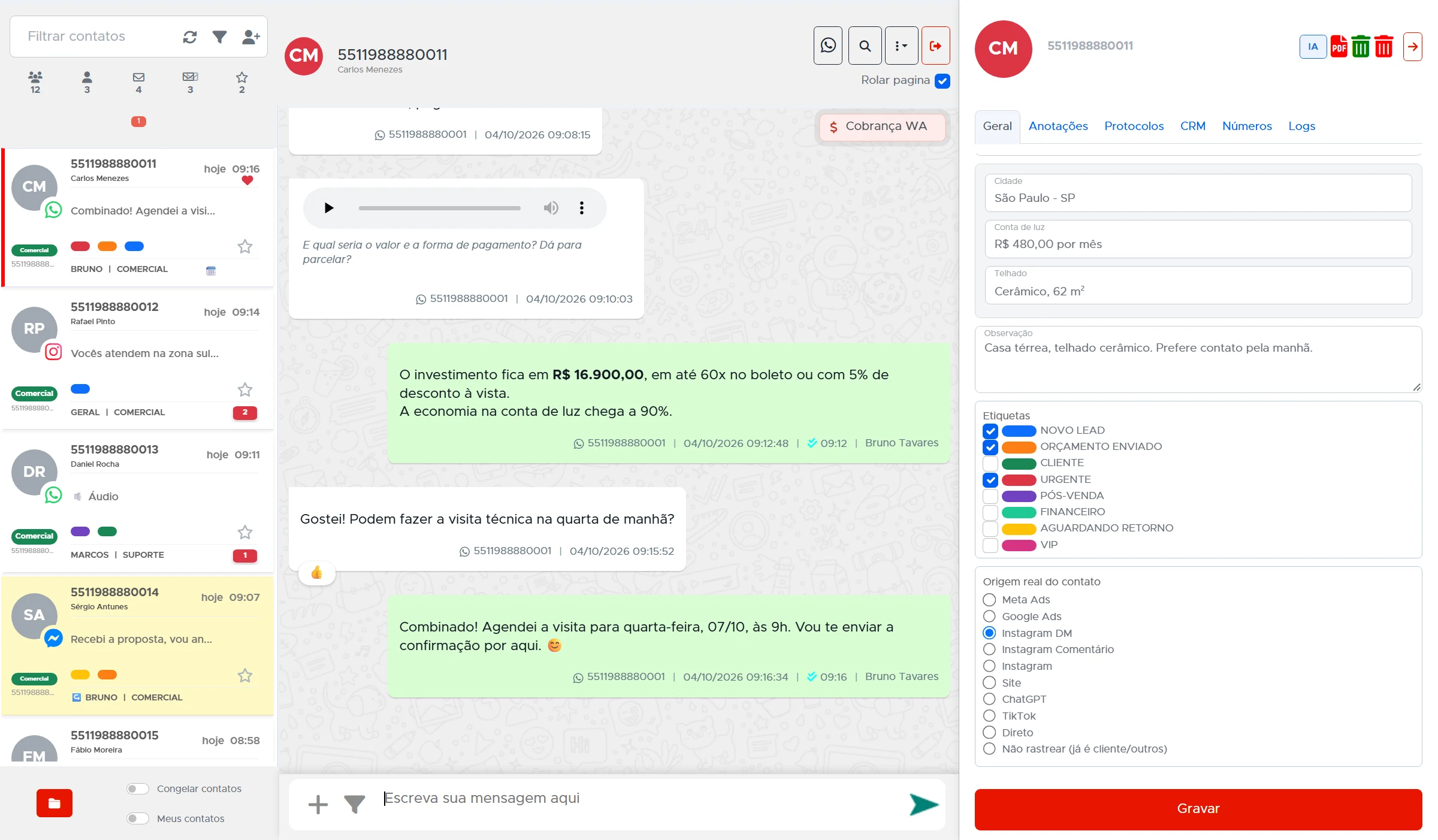 Painel do contato com as etiquetas coloridas marcadas e a origem real do contato